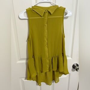 Audrey 3 + 1 Chartreuse Sheer Ruffle Hem High-Low Sleeveless Blouse